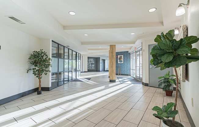 the lobby of a building with potted plants and glass doors