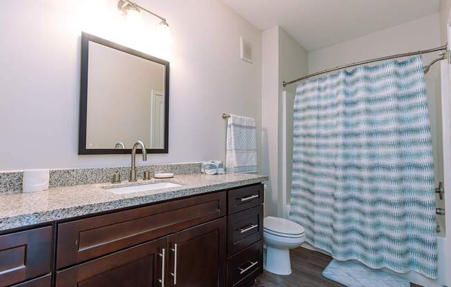 A bathroom with a sink, mirror, toilet, and shower.