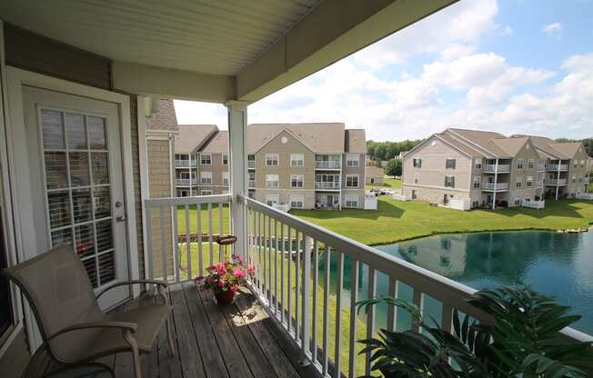 This is a photo looking over Nantucket from the balcony of the 1 bedroom Clipper floor plan at Nantucket Apartments in Loveland, OH.