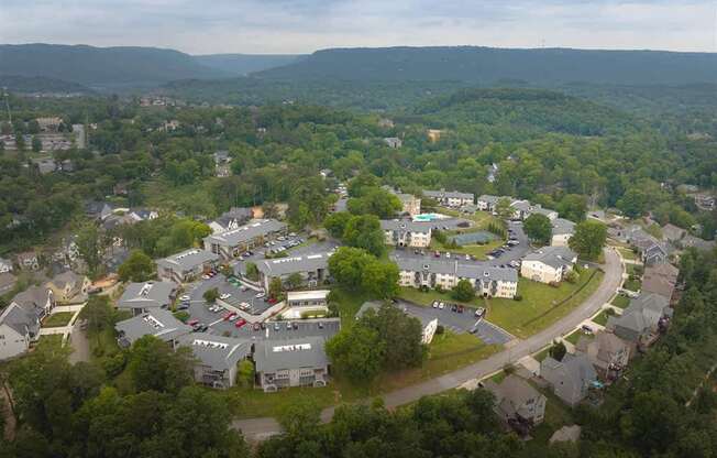 A bird's eye view of a residential area with houses and trees.
