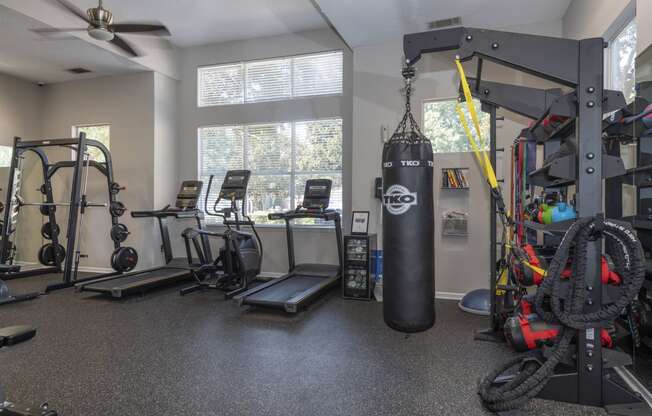 Seasons at Umstead apartments in Raleigh fitness center with boxing station and cardio equipment