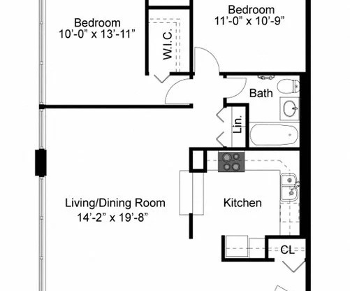 2 Bedroom floor plan at 2101 S. Michigan Apartments