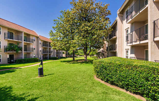 Apartment buildings and green space with dog-station at Princeton Court Apartments in the Vickery Midtown neighborhood of Dallas, TX.