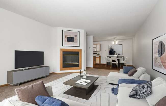 a living room with couches and a tv and a fireplace. Anoka, MN Dellwood Estates Apartments