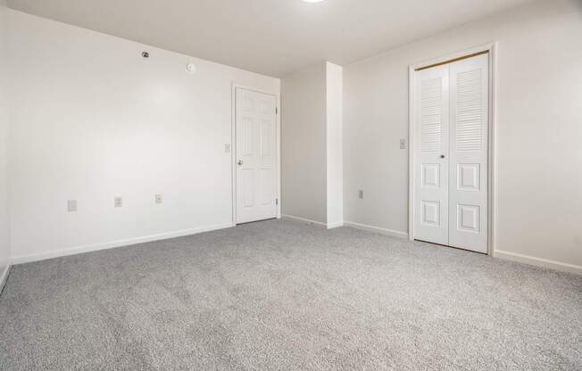 A room with a grey carpet and two white doors