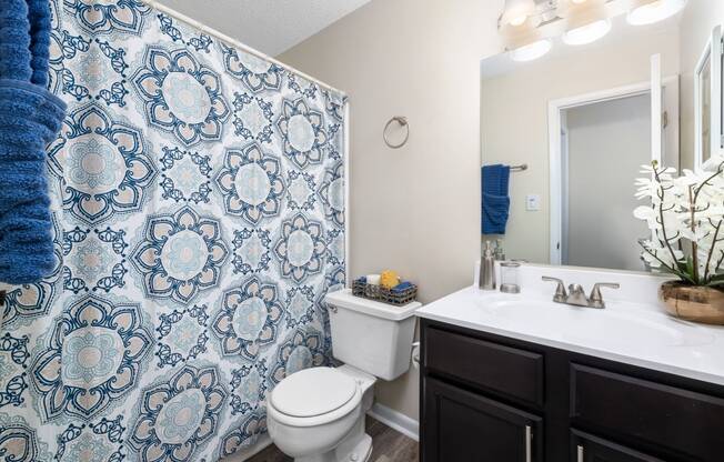 a bathroom with a blue and white shower curtain and a toilet and sink