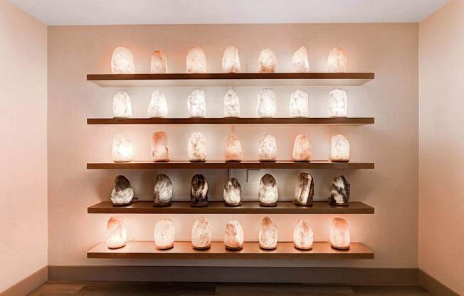 A wall of shelves with glowing skulls on them.