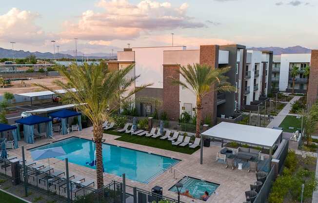 Pool Area with Daybeds at The Aster at Mountain Vista in Mesa Arizona