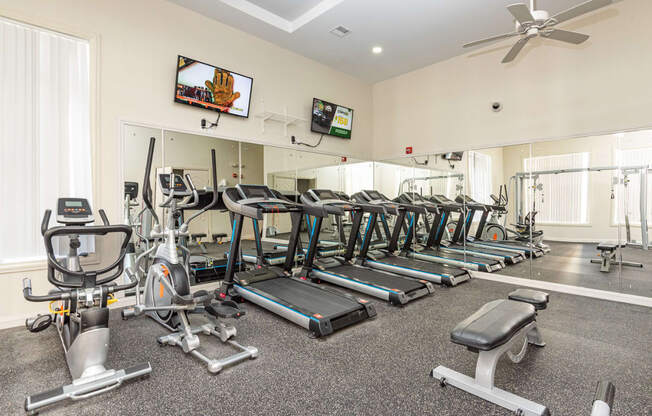 Fitness room with treadmills and free weights