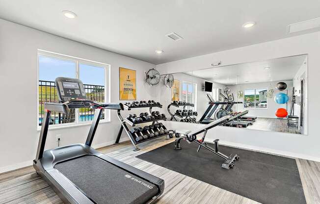 A spacious home gym with a treadmill, exercise equipment, and a mirror.