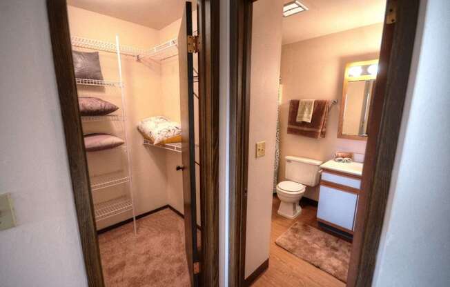 a bathroom with a toilet and a closet