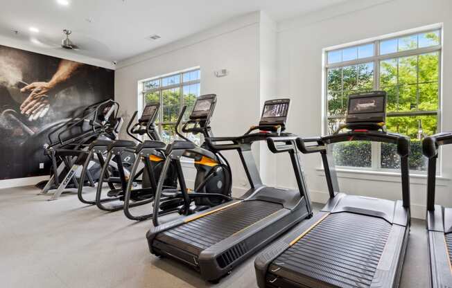 a row of cardio machines in a gym with a large painting of a man on the wall