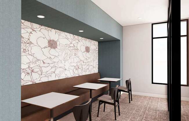 A dining area with a table and chairs.