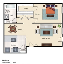 1 bed, 1 bath, 624 sqft, $1,158