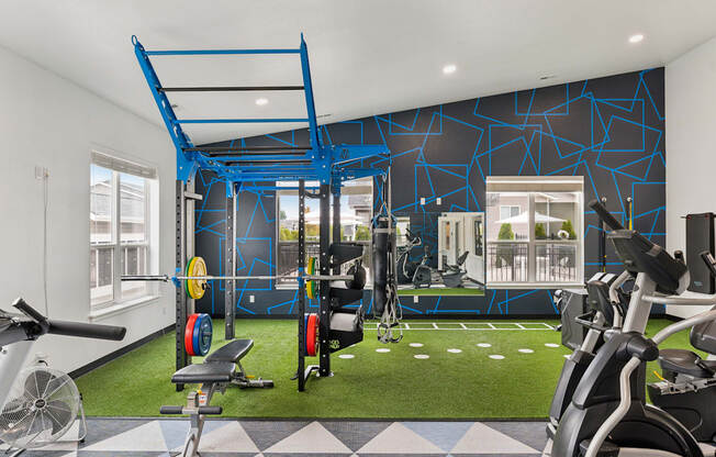 A gym with a blue wall and a green floor.