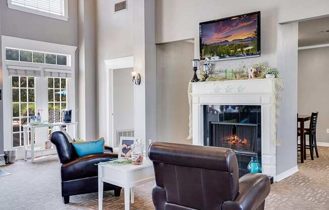 Clubhouse Lounge Area with Mounted TV and Fireplace
