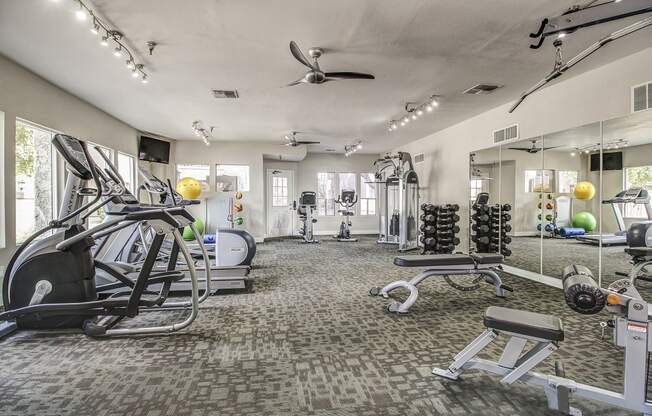 a gym with weights and cardio machines and a ceiling fan