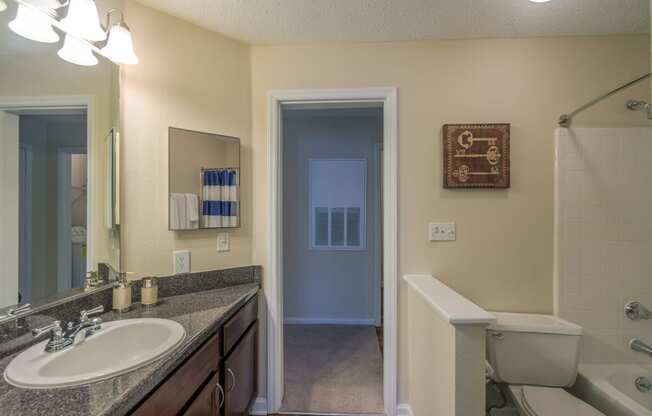 a bathroom with a large mirror and a sink and a toilet at Radbourne Lake Apartments, Charlotte ? 