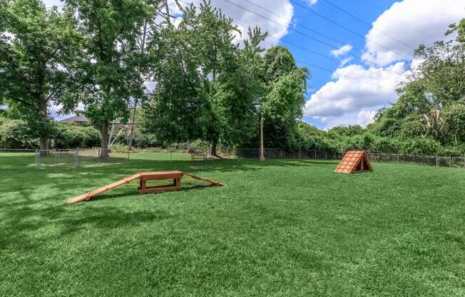 a backyard with a seesaw and a wooden structure in the grass