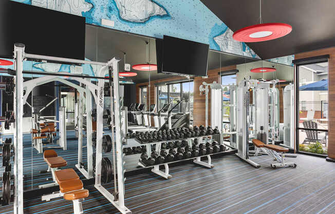 A gym with a variety of equipment including weights and weight machines.