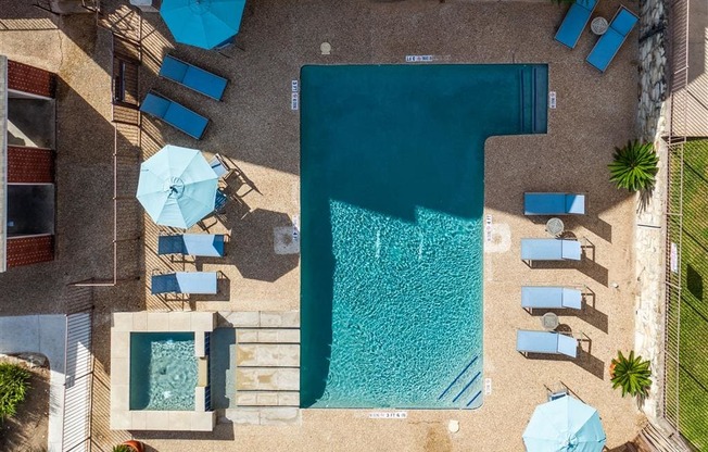 Aerial View Of Pool at Wildwood Apartments, CLEAR Property Management, Austin, TX