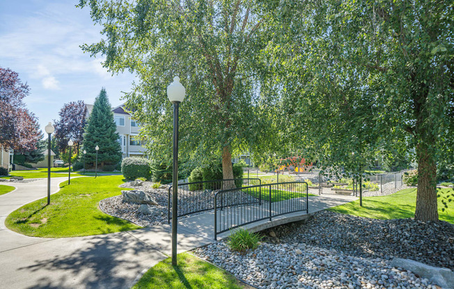 a bridge over a creek in a park with trees