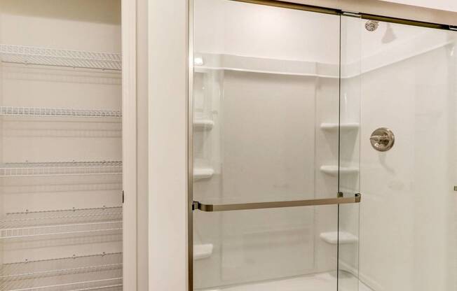 a shower with a glass door in a bathroom