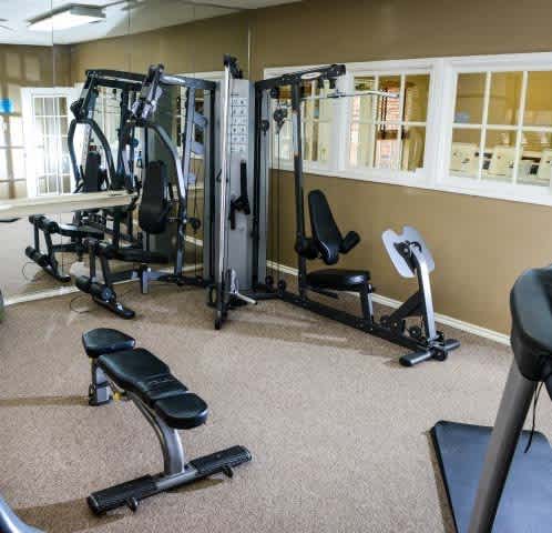 A gym with a variety of equipment including a leg press machine, a chest press machine, and a leg curl machine.