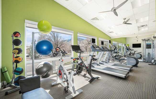 A gym with a variety of equipment including treadmills, exercise balls, and weights.
