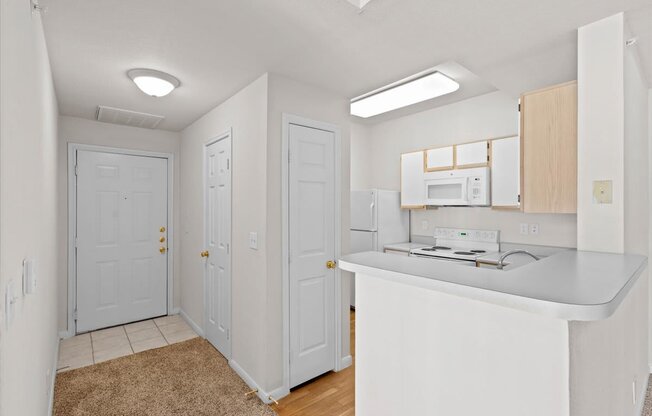 a kitchen with a counter top and a sink     and a door