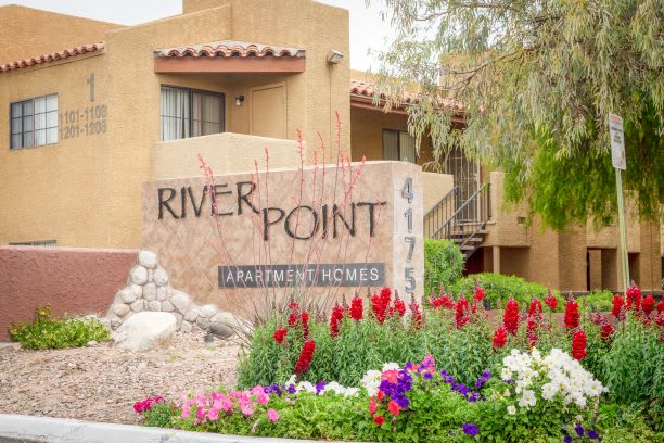 Welcoming Entry Signage with Flowers at River Point Apartments, Tucson, AZ, 85712