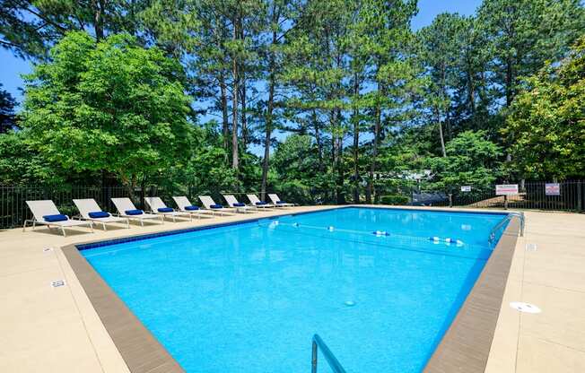 A large blue swimming pool surrounded by trees and lounge chairs.