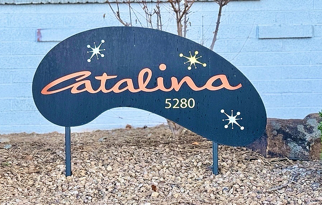 Chic and inviting apartment sign reading 'Catalina 5280' with decorative graphic accents, set amidst a serene stone landscape.