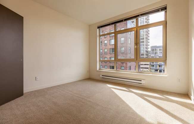 A room with a large window and a carpeted floor.