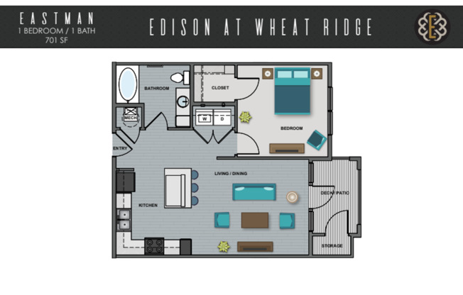 1 bed, 1 bath, 701 sqft, $1,800, Unit 412