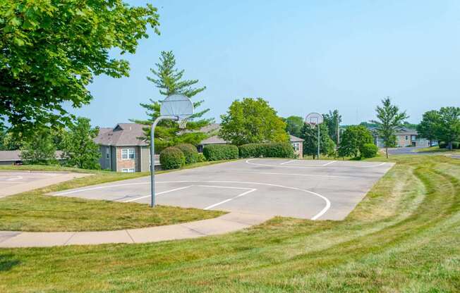 A basketball court is surrounded by grass and trees.