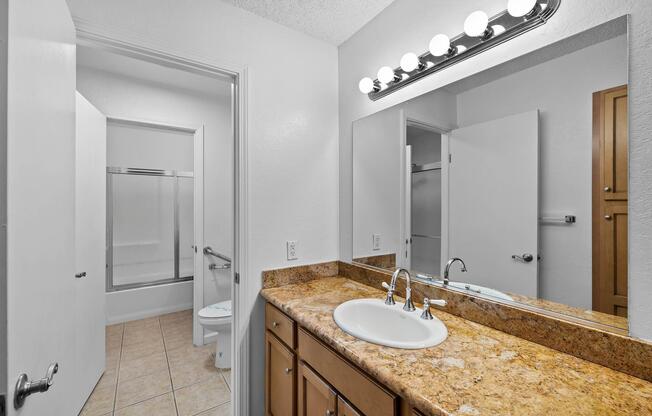 a double sink and large mirror