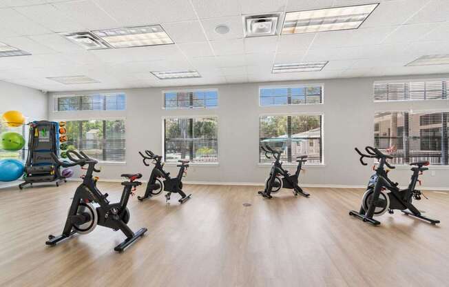 Fitness center with stationary bikes at Mirage on Kernan Apartments in Jacksonville, FL
