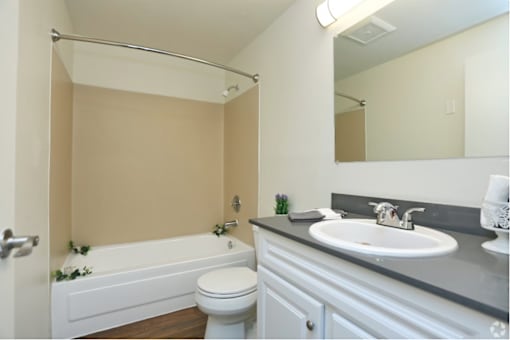 a bathroom with a sink toilet and a bath tub