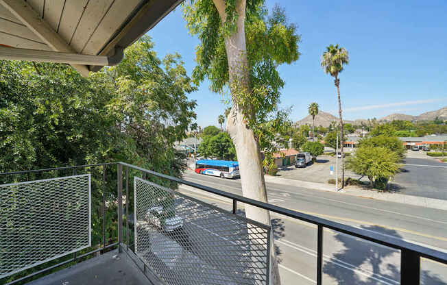A view from a balcony overlooking a street with cars and palm trees.