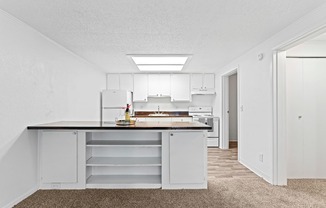 a white kitchen with white cabinets and a black counter top