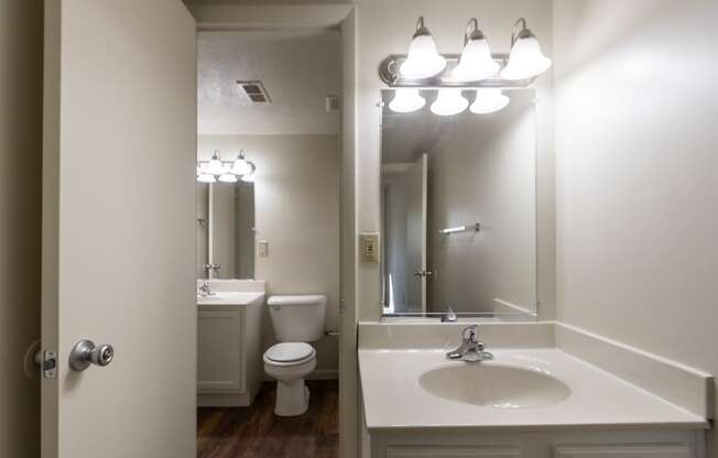 This is a photo of the bathroom from the primary half bath in the 899 square foot, 2 bedroom, 1.5 bath apartment at Blue Grass Manor Apartments in Erlanger, KY.