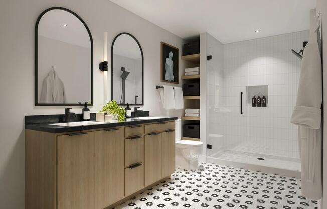 Select apartment homes at Modera Nations feature frameless glass showers with floor-to-ceiling tile surrounds.