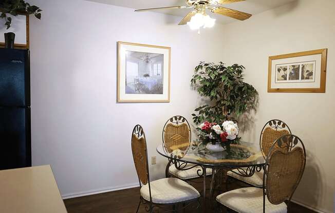 dining room in apartment with a table and a ceiling fan