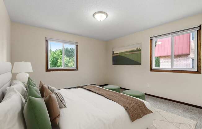 the guest bedroom has a large bed and two windows