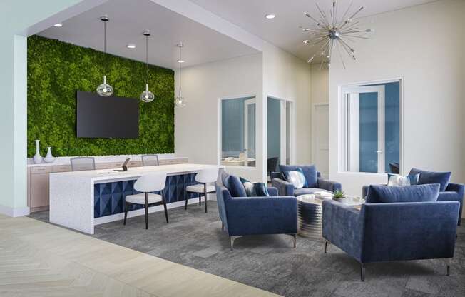 a living room with blue and white furniture and a green wall