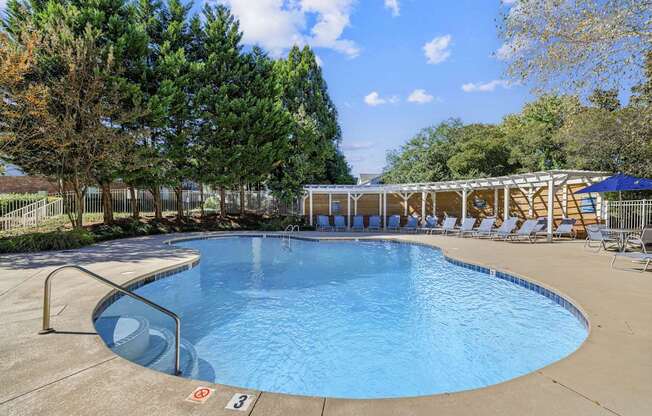 A large outdoor swimming pool surrounded by trees and lounge chairs.