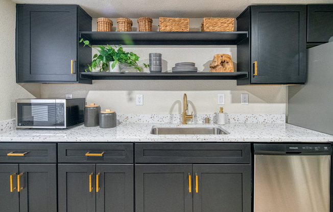 Clubhouse kitchenette with stainless steel appliances at Treehouse Leasing Office in