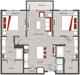 2 beds, 2 baths, 1,010 sqft, $1,621