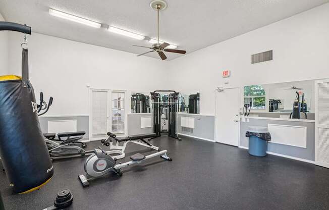 A gym with a punching bag, treadmills, weights, and other exercise equipment.